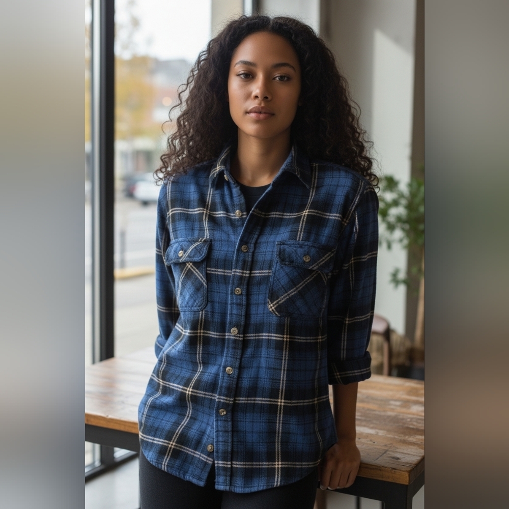Field & Stream‎ Blue Plaid Flannel Shirt Size L Classic Lumberjack Cozy Outdoor